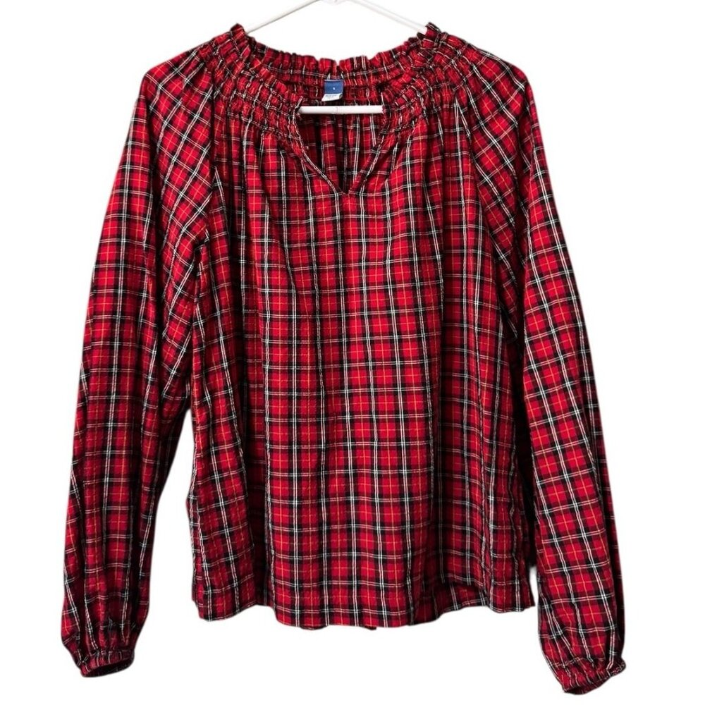 Old Navy Women Split-Neck Seersucker Top Red Tartan Size Small Plaid Lightweight